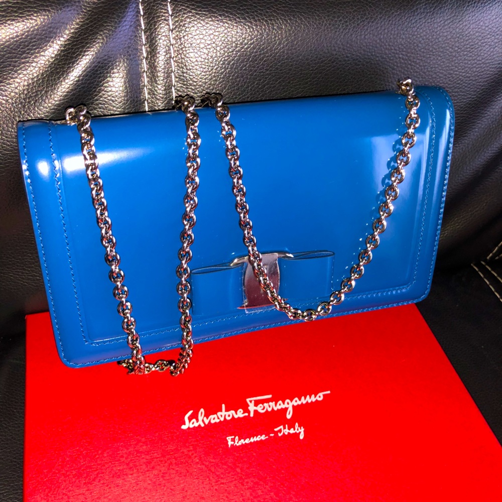 Salvatore Ferragamo Mini Vara Bow blue purse on a chain- gently used few times